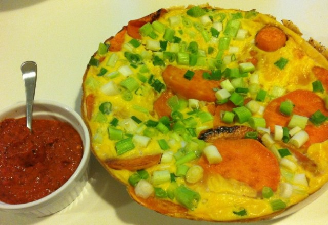 Kumara tortilla with smoky capsicum sauce