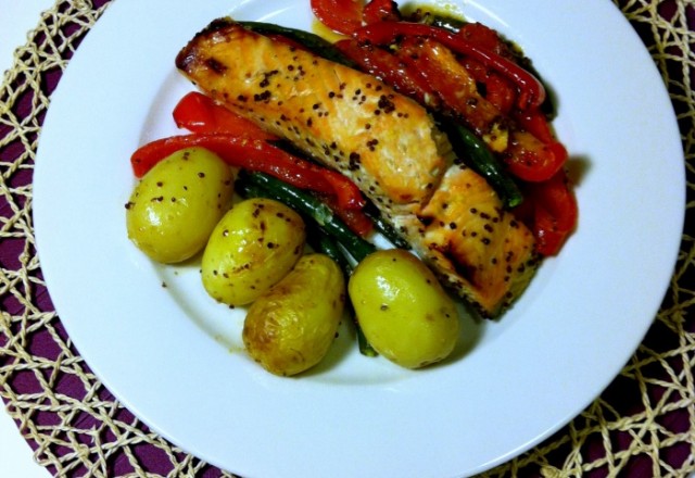 Sweet Mustard Salmon with Garlic Veggies