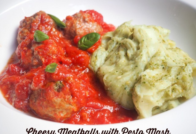 Cheesy Meatballs with Pesto Mash