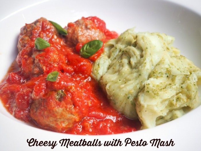 Cheesy Meatballs with Pesto Mash