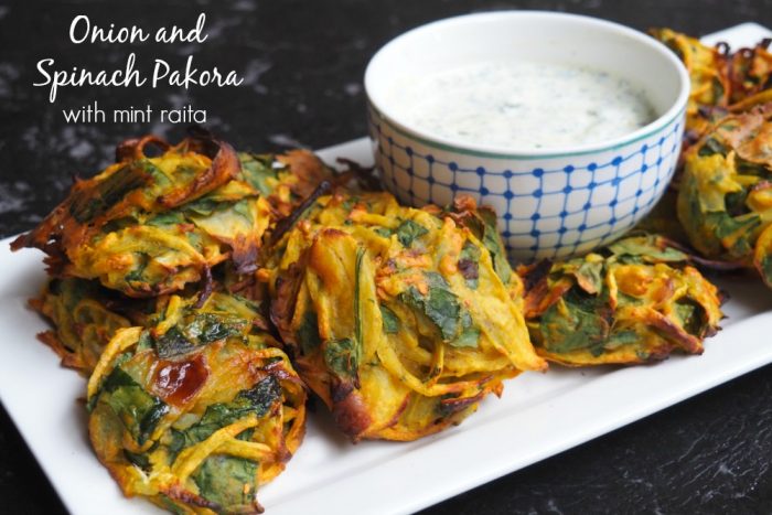 Spinach and Onion pakora with mint raita