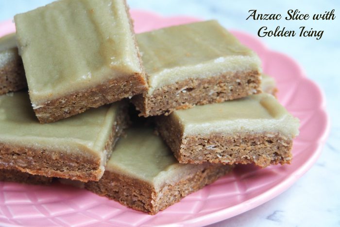 Anzac slice with golden icing