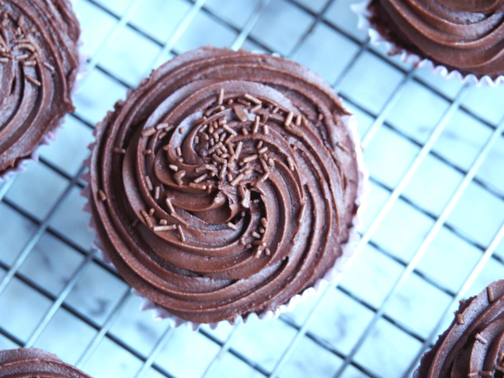 One bowl chocolate cupcakes and buttercream