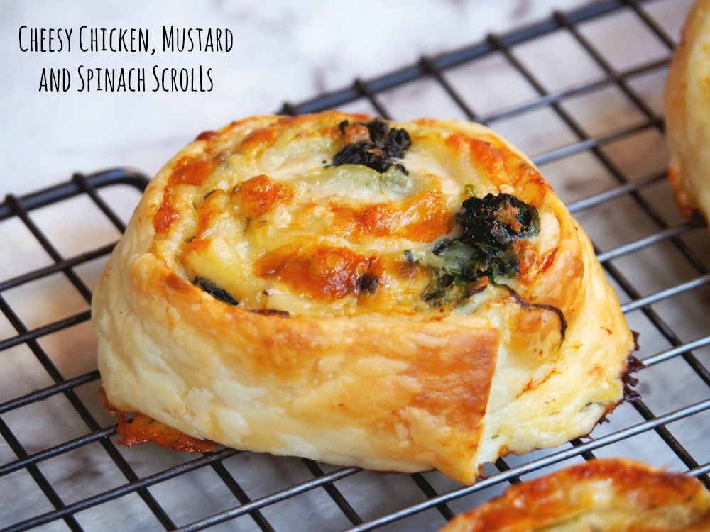 Cheesy Chicken Mustard and Spinach Scrolls