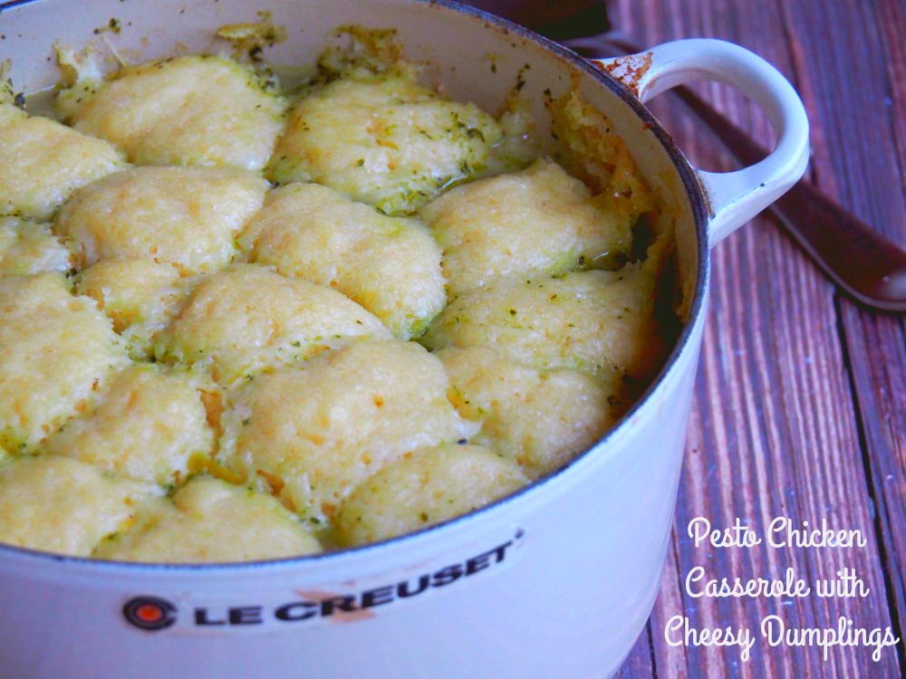 pesto chicken casserole with cheesy dumplings