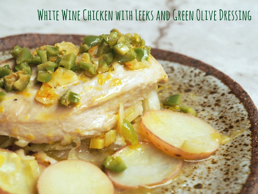 white wine chicken with green olive dressing