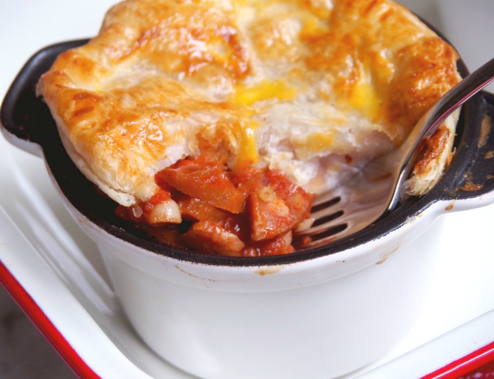 chorizo and bean pot pies with fork