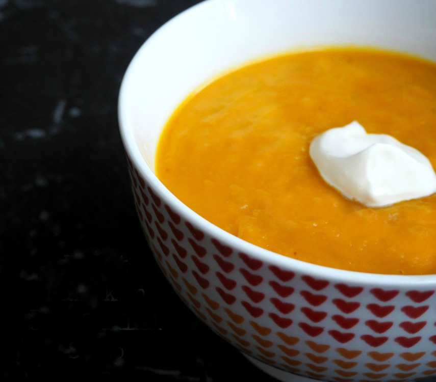 roast pumpkin and chilli soup with sour cream