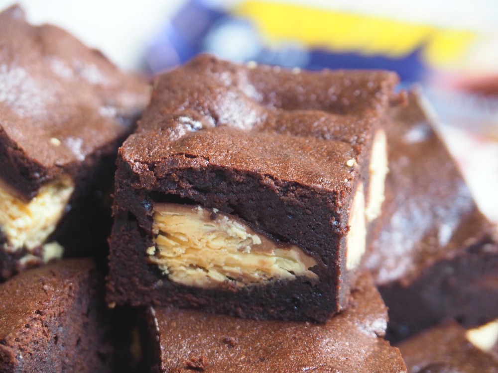 square piece of Caramilk Twirl Brownies