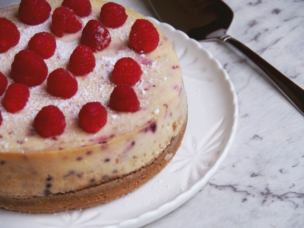 baked lemon and raspberry cheesecake side view