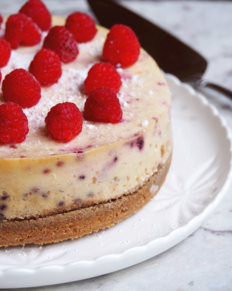 baked lemon and raspberry cheesecake side view