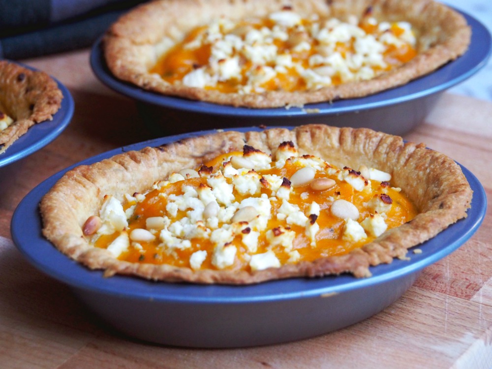 pair of roasted pumpkin garlic sage pies