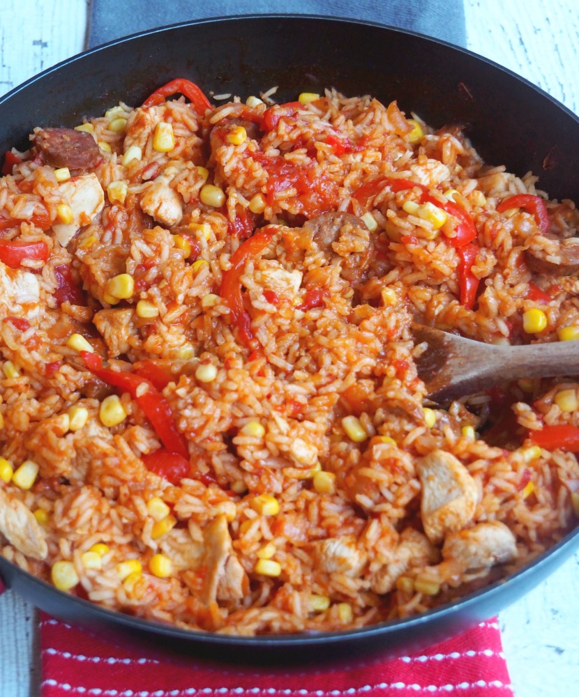 chicken chorizo jambalaya with spoon