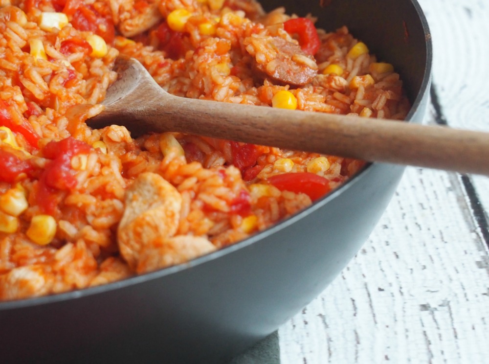 chicken chorizo jambalaya in pan