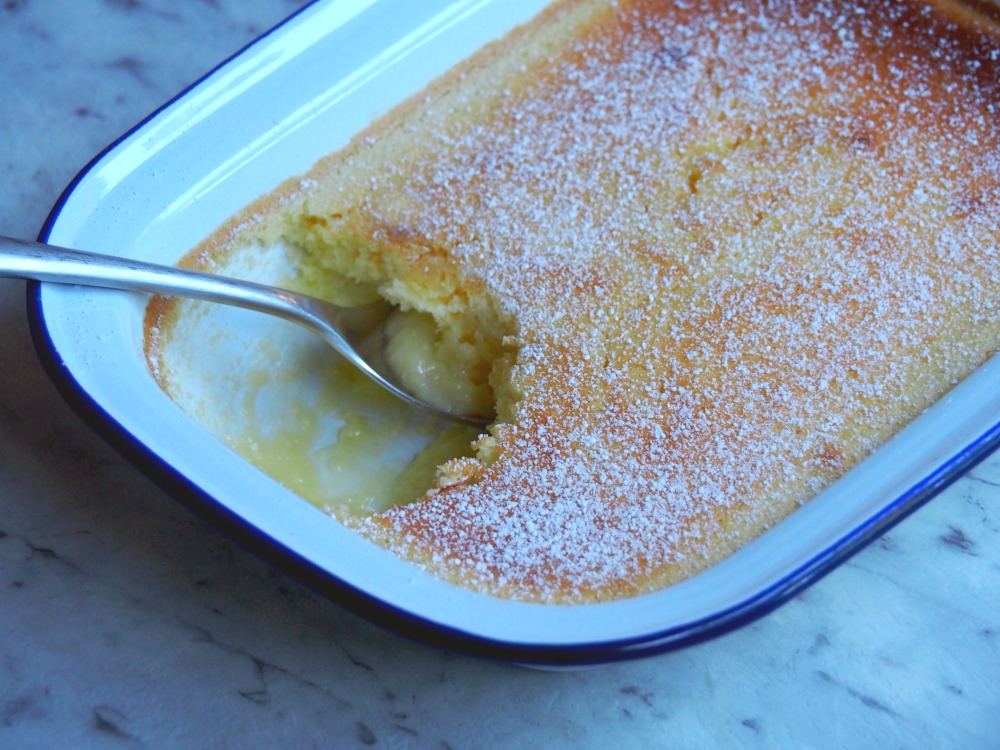 citrus delicious pudding with serving spoon