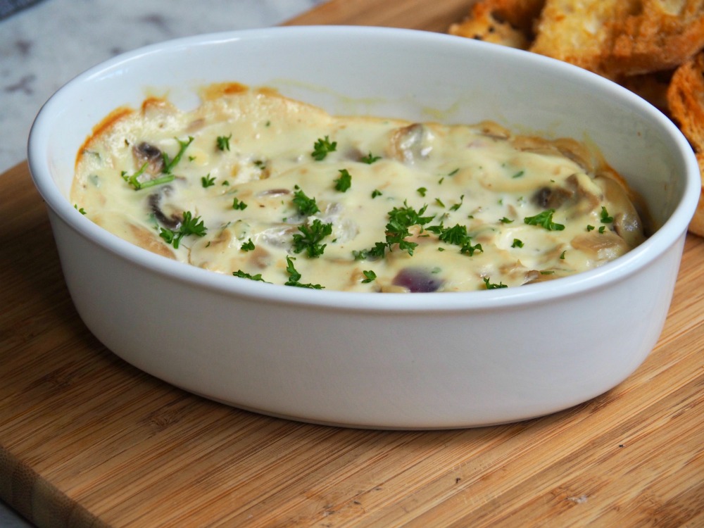 dish of baked ricotta mushroom dip