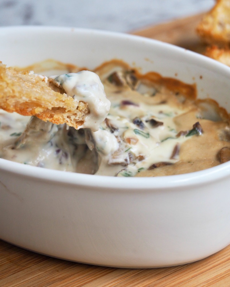breadstick dipped into baked ricotta and mushroom dip