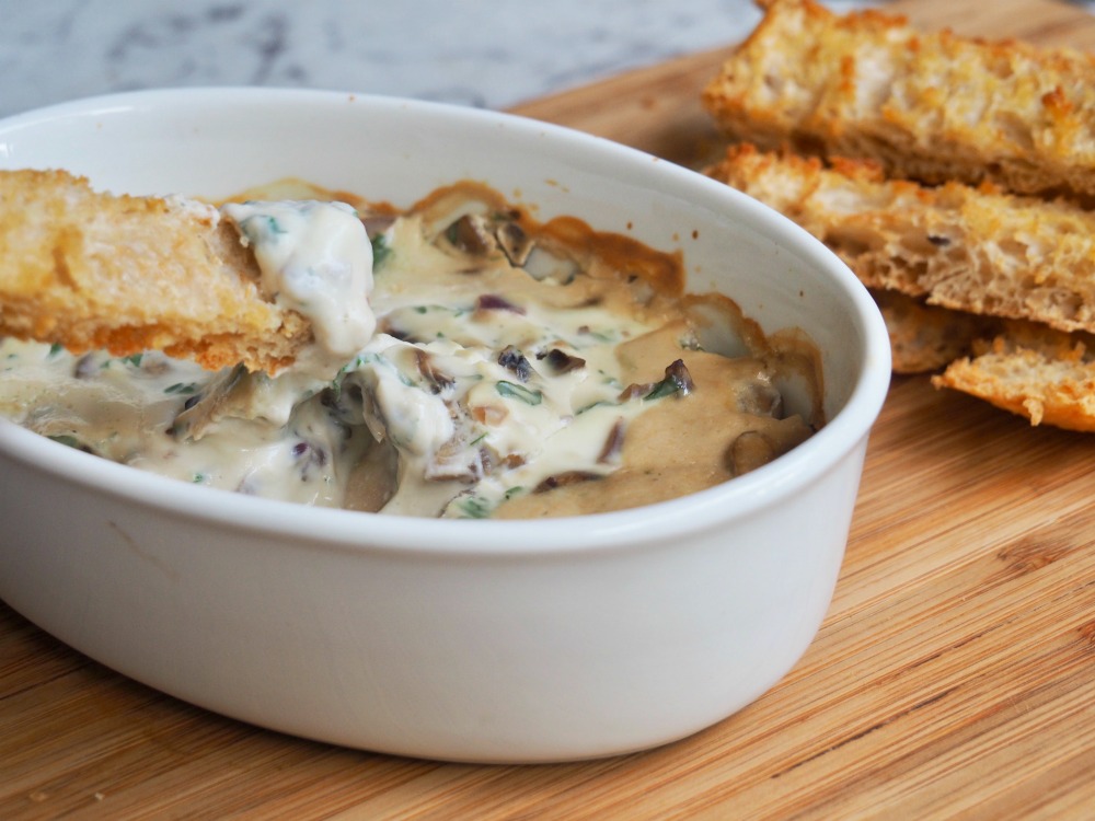 baked ricotta and mushroom dip dipping breadstick