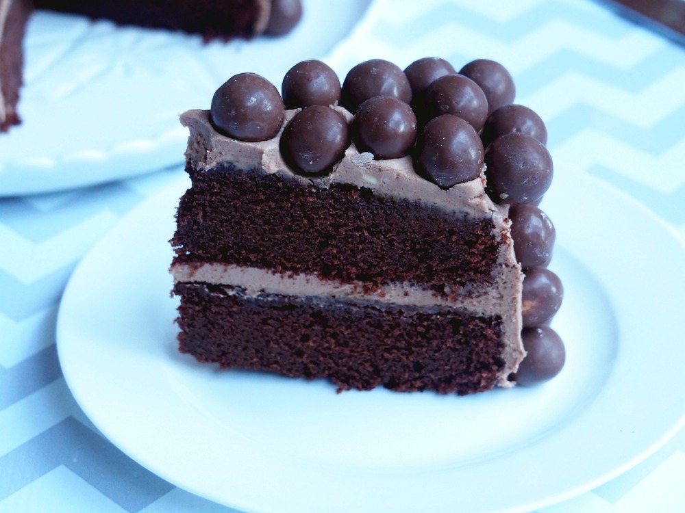 slice of chocolate malteser cake