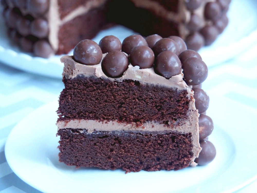 slice of chocolate malteser cake