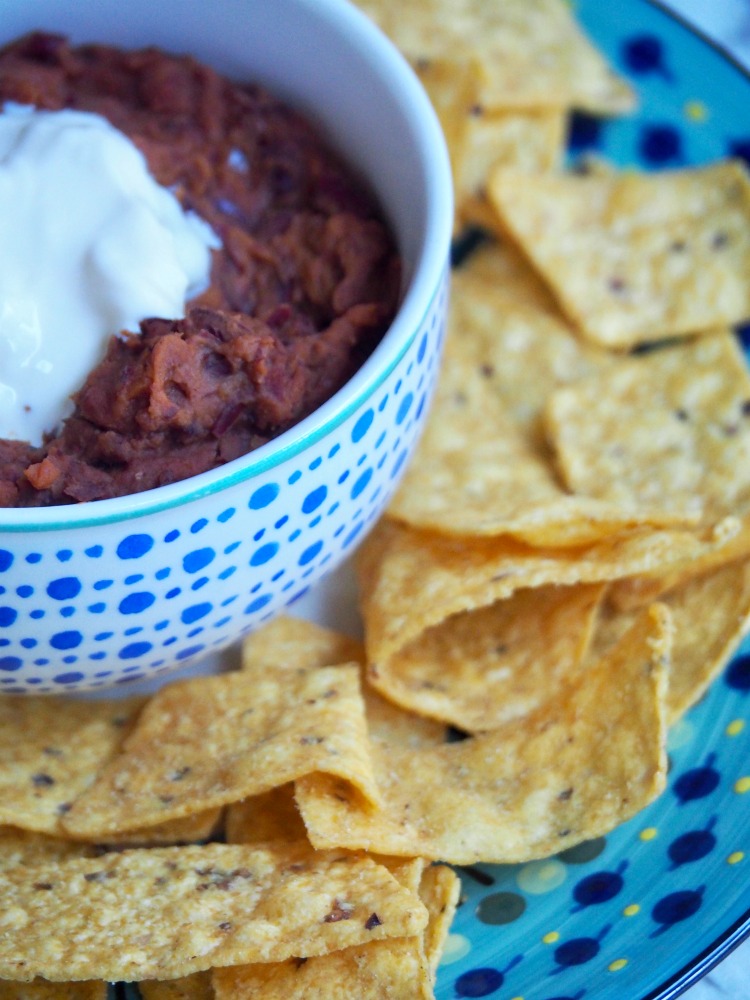 side view of warm mexican bean dip