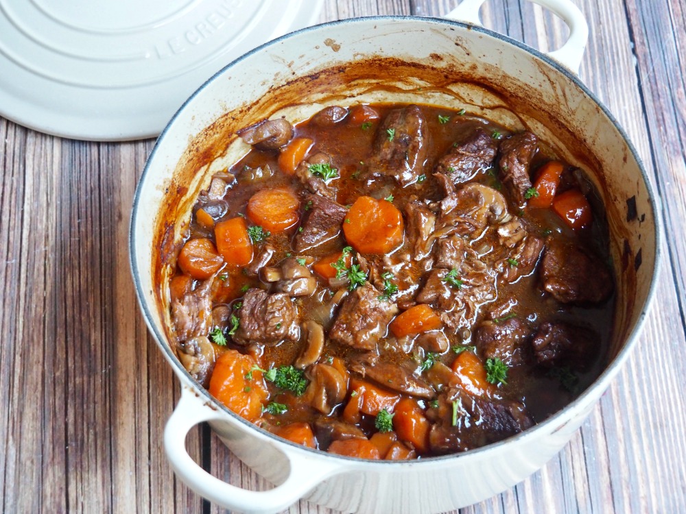 beef ale stew in casserole pot 