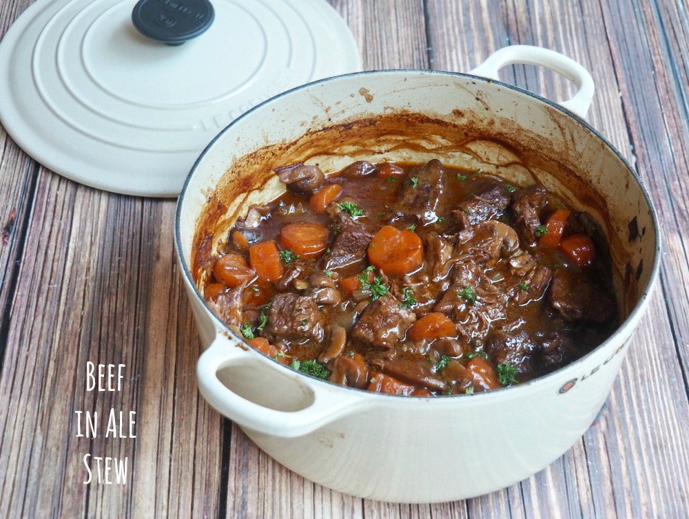 beef and ale stew in casserole pot 