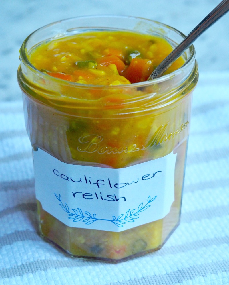 spoon in jar of cauliflower relish