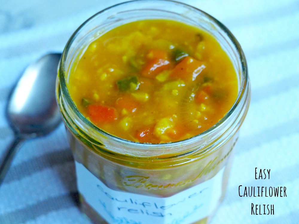 easy cauliflower relish in a jar with lid off