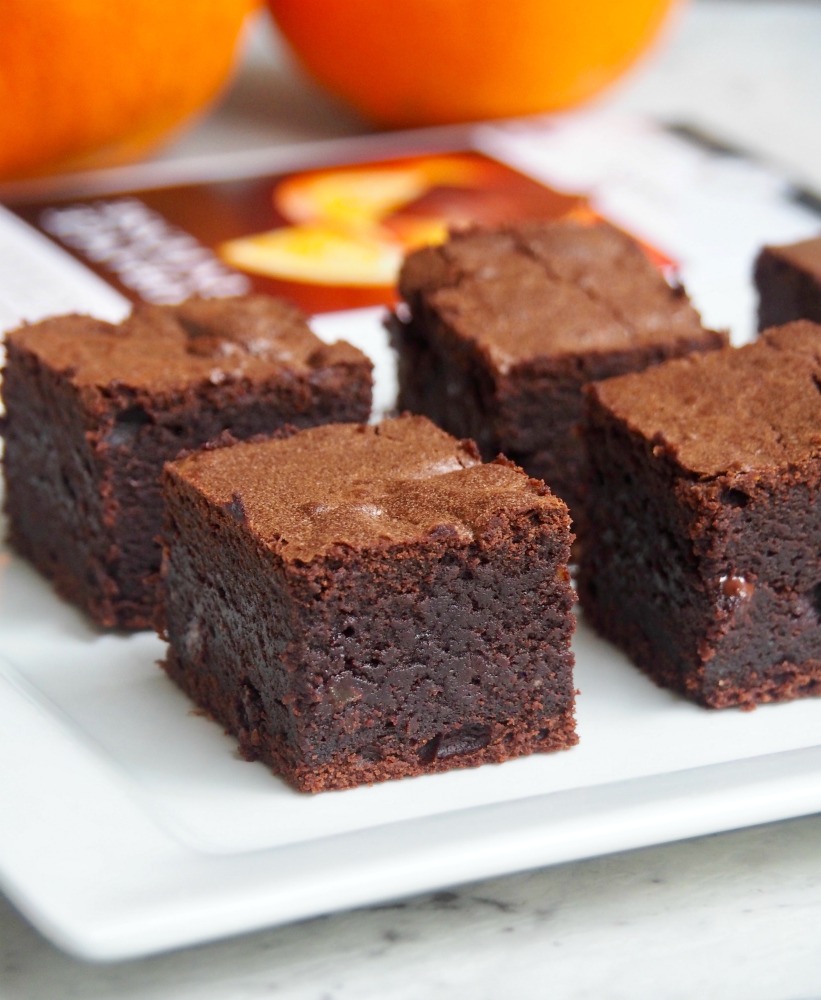 squidgy chocolate orange brownies with lindt excellence bar in background