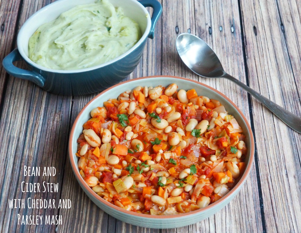 cider bean stew with cheddar and parsley mash