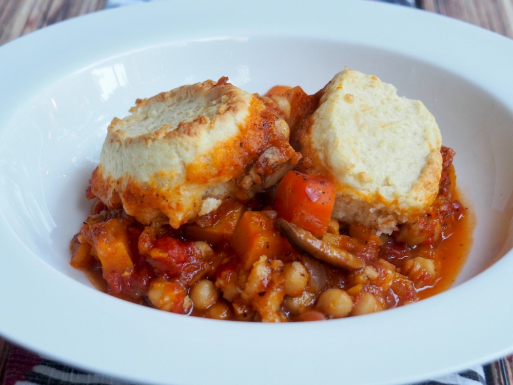 harissa vegetable stew with cheddar dumplings title