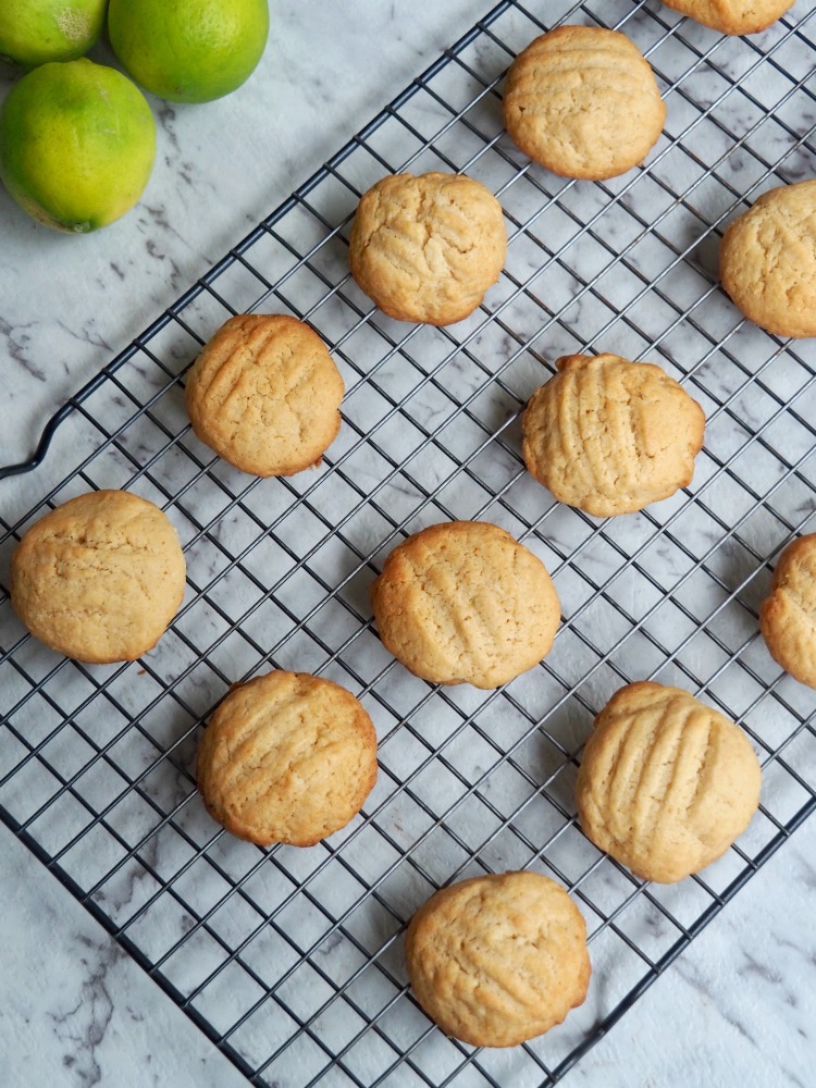 lime coconut cream cheese cookies on cooling rack