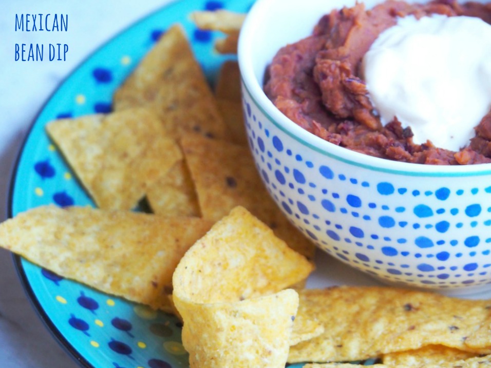 side view of Mexican bean dip with corn chips