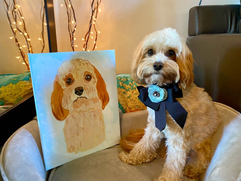 dog looking at portrait of himself