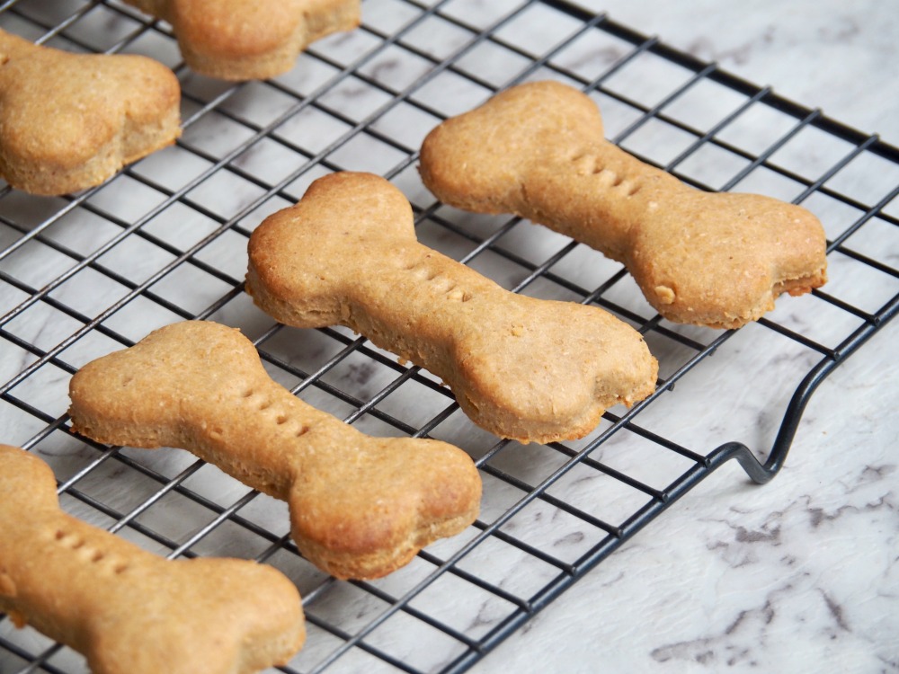 close up of peanut butter dog biscuits on cooling rack