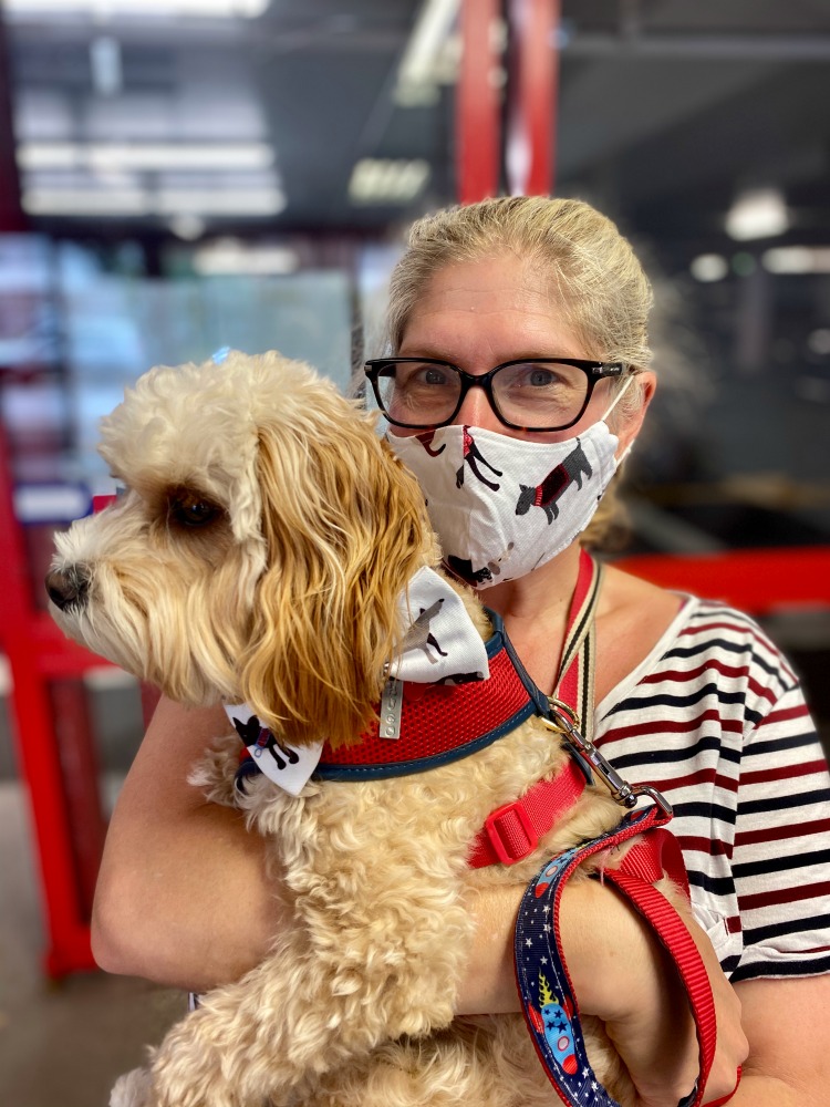 woman holding dog wearing matching face mask and bow tie