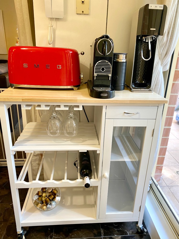 butchers block with toaster and coffee machine on top