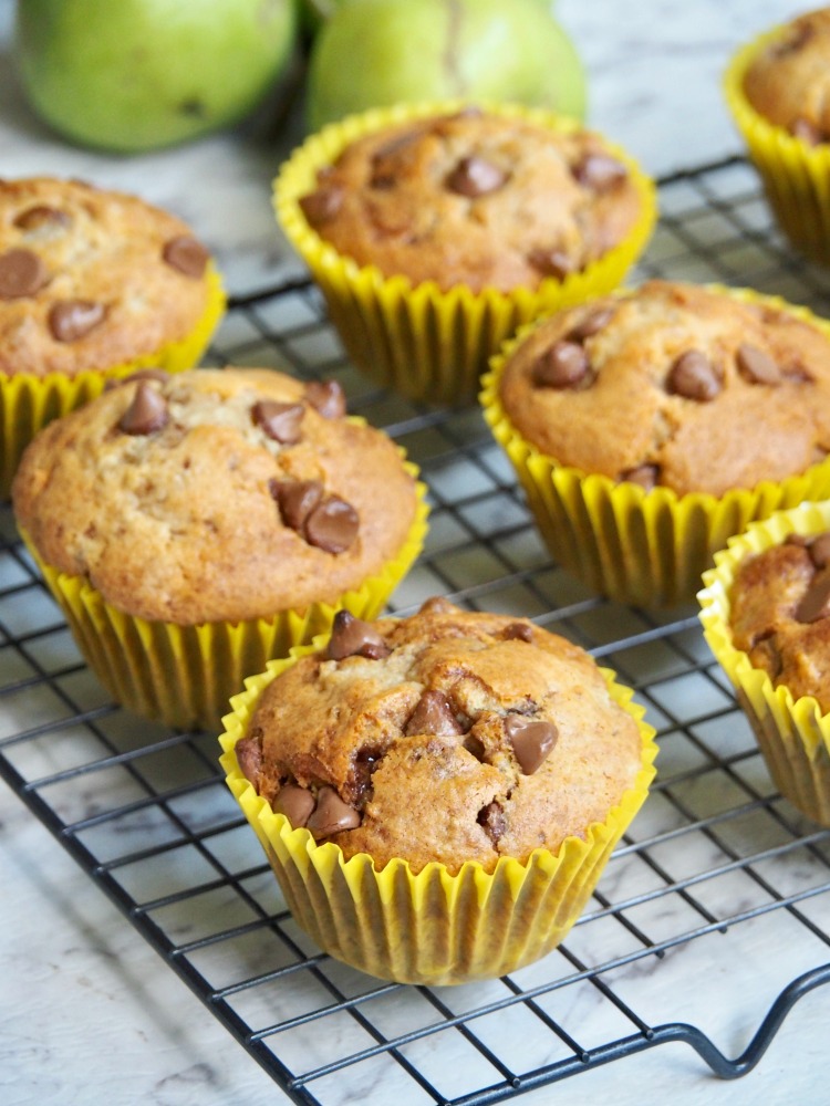 pear choc chip muffins on cooling rack