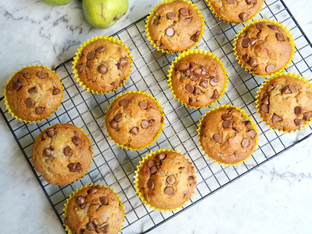 pear and choc chip muffins on cooling rack from above