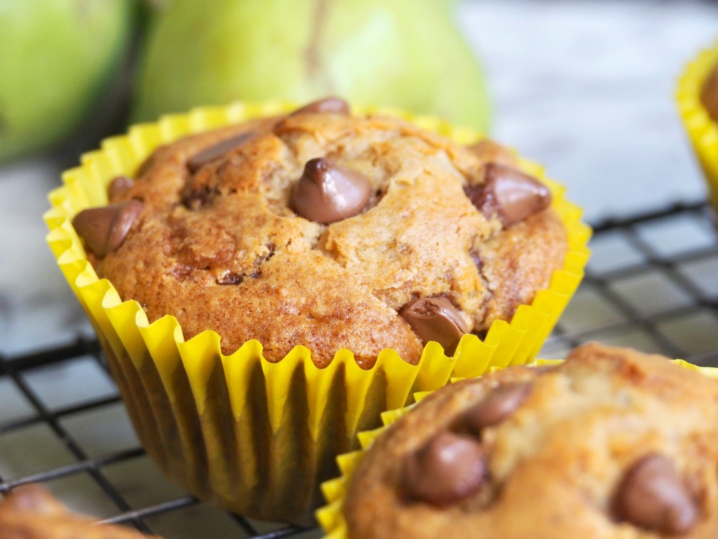 close up of a pear and choc chip muffin