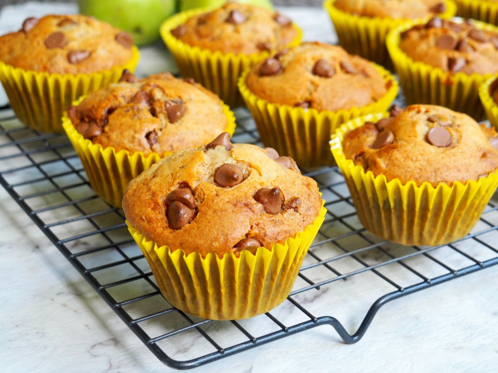 pear and choc chip muffins on cooling rack