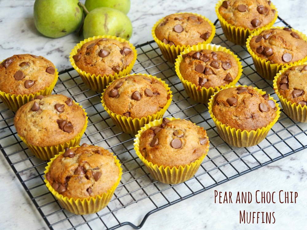 pear and choc chip muffins on cooling rack