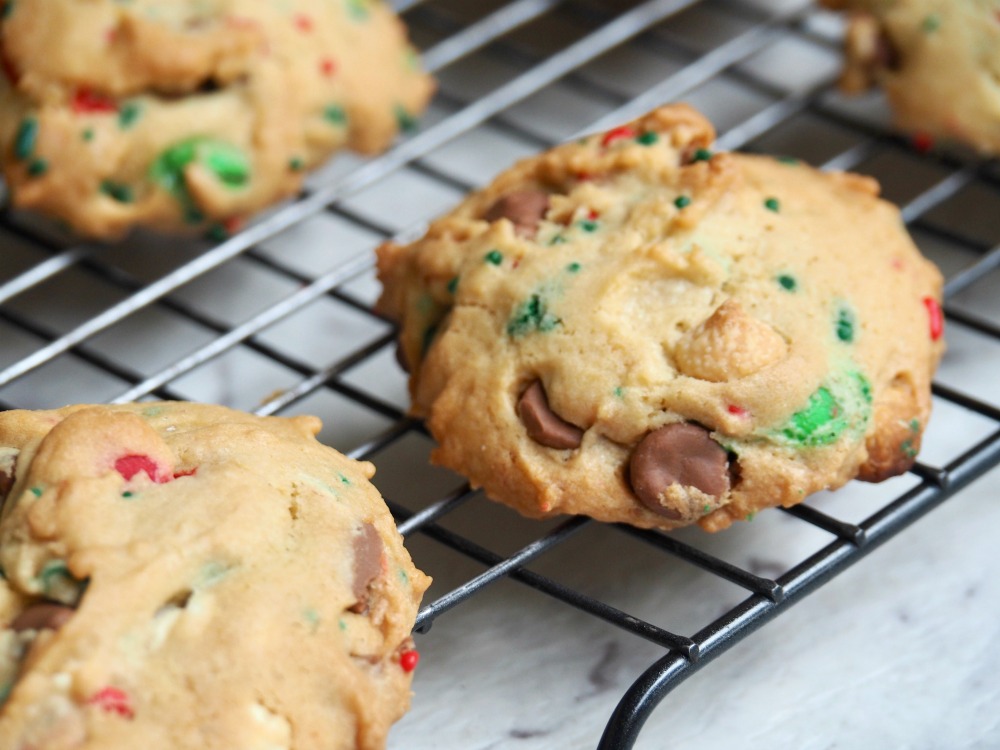 fully loaded choc chip m and m christmas cookies on plate