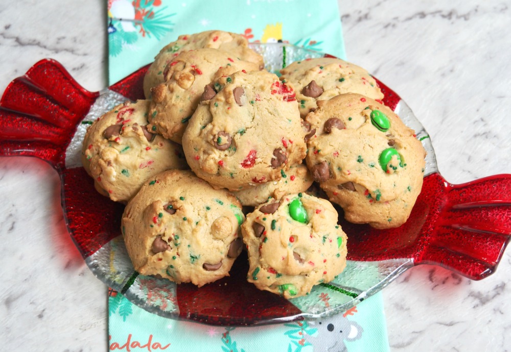 plate of choc chip and m and m christmas cookies