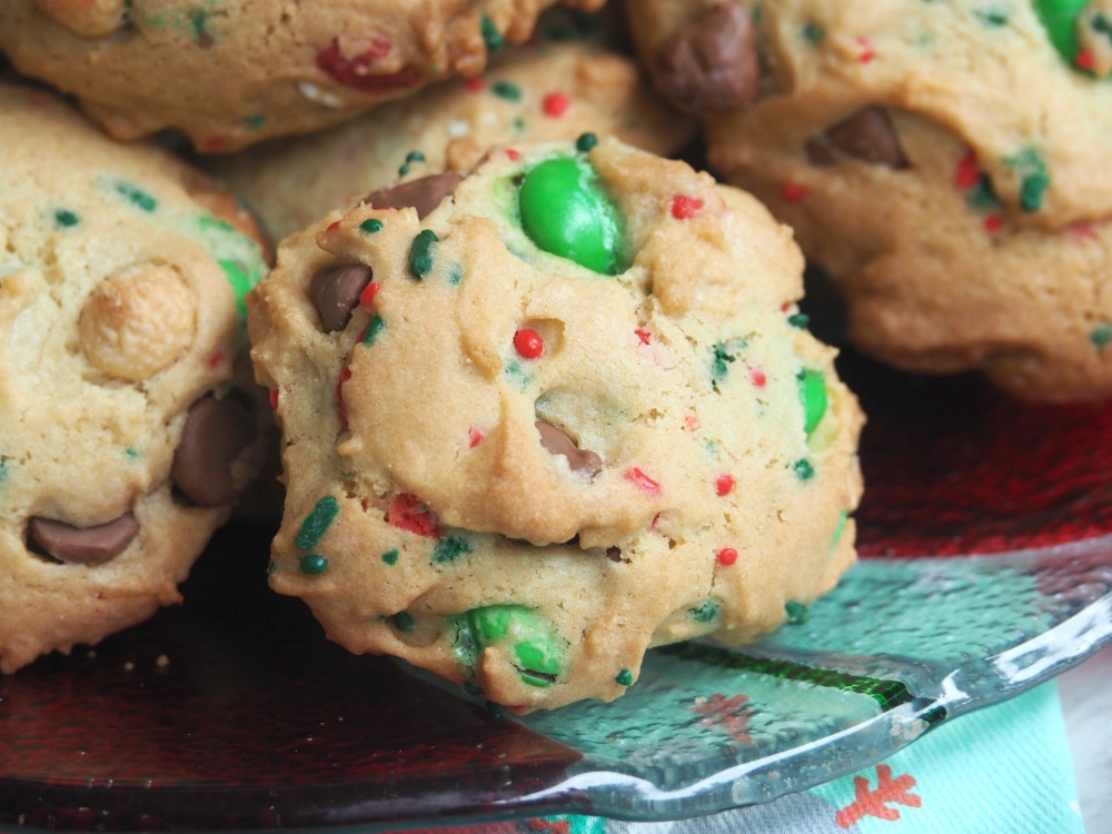 close up of Christmas choc chip and m and m cookies