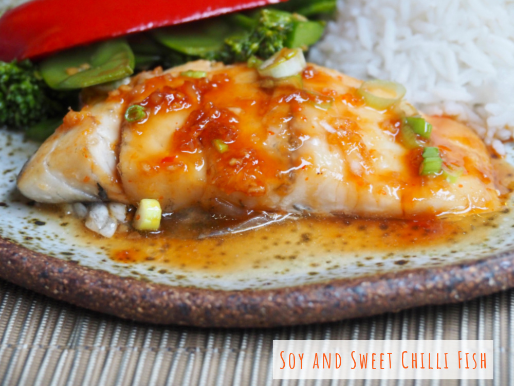 fish in soy and sweet chilli sauce with rice and steamed greens