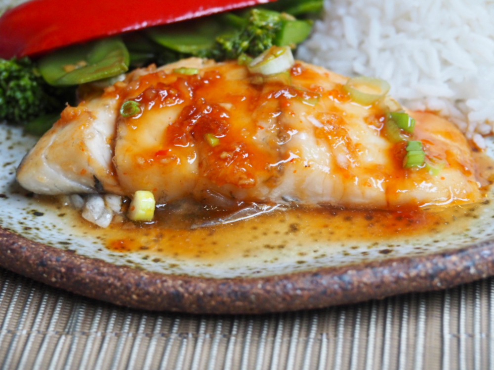 soy and sweet chilli fish with rice and steamed veggies