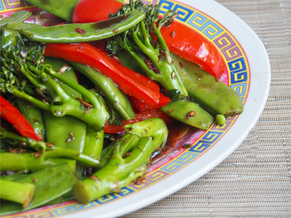 steamed asian veggies side view