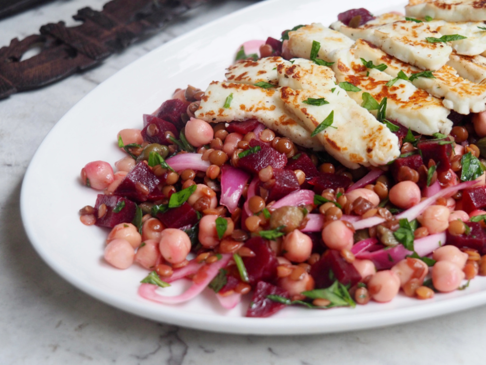 store cupboard halloumi salad on platter